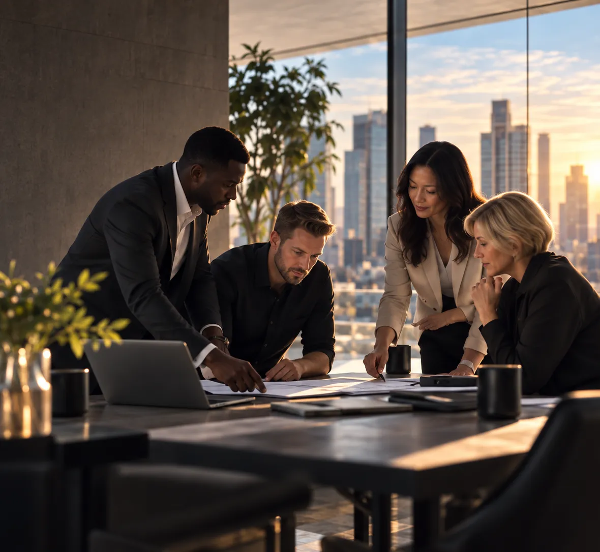 A finance team reviewing process documents together at a table beside a city window.