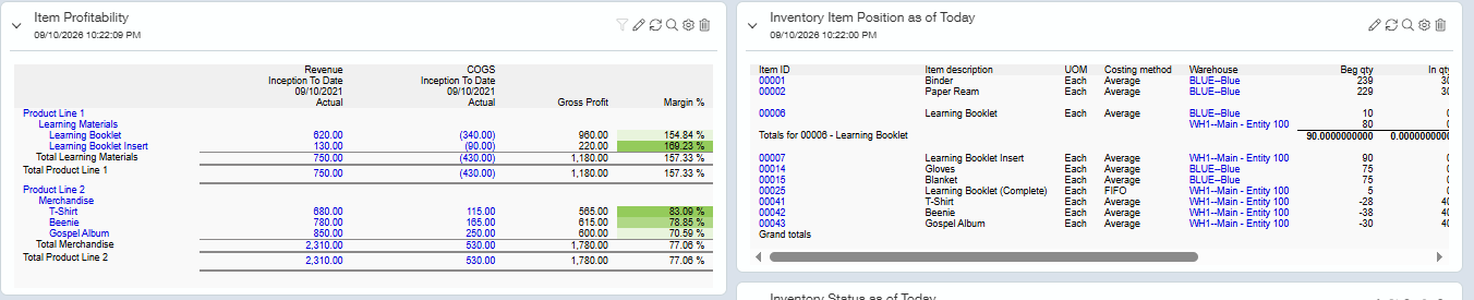 Sage Intacct item profitability by product line and inventory item position by warehouse