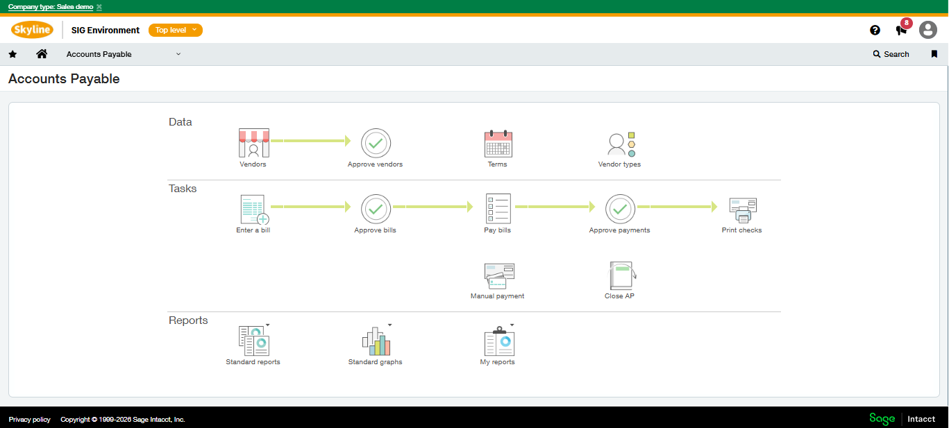 The full Accounts Payable screen in Sage Intacct, with Enter a bill marked.