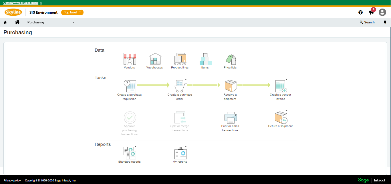 The full Purchasing screen in Sage Intacct, with Create a purchase requisition marked.